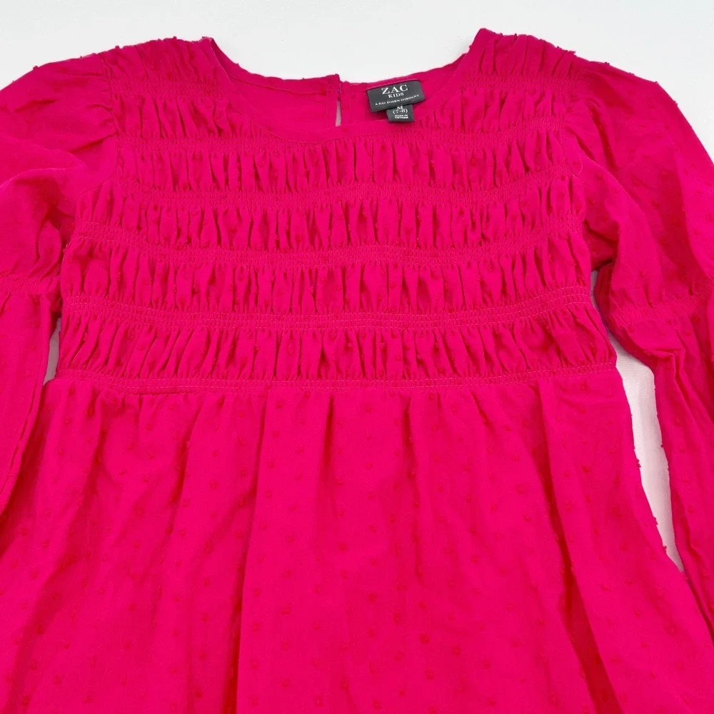 Girls Smocked Tiered Swiss Dot‎ Dress Pink Long Sleeve Zac Posen ZAC Kids M 7-8